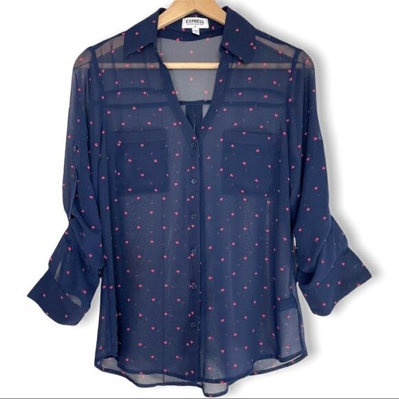 Express Portofino Shirt Semi Sheer Navy Heart Print Button Down - Picture 1 of 8